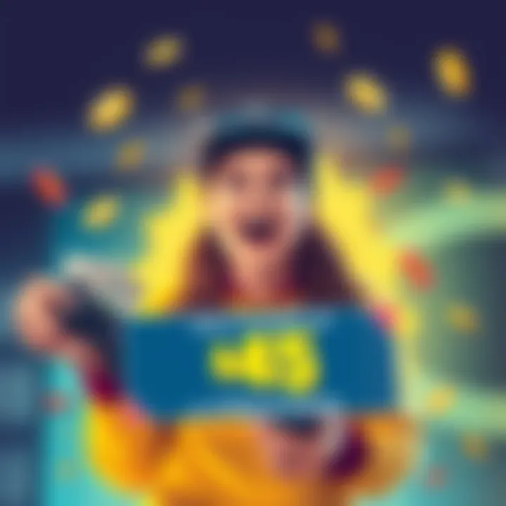 Bonus Promotion Illustration A person looking excited while holding cash and a gaming controller, with a banner showing a bonus offer