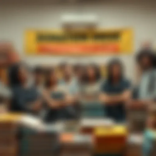 A group of people looking disappointed as they stand near a table of unsold books, with a banner reading 'Donation Drive' in the background.