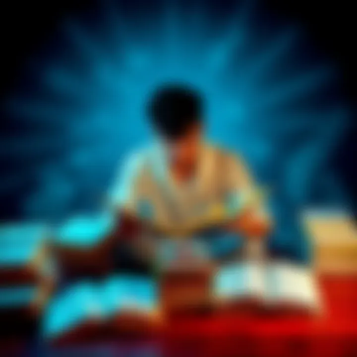 Books and Betting Decision A person sitting at a table surrounded by open books and a stack of cash, contemplating a betting decision.