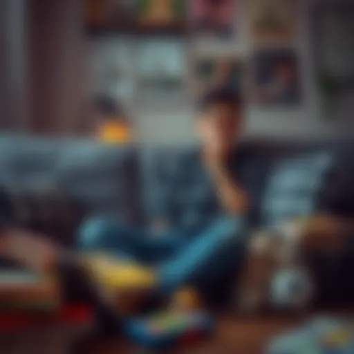 A person sitting on a couch with a bored expression, surrounded by various leisure activities like books and games, symbolizing the feeling of boredom and potential for fun.