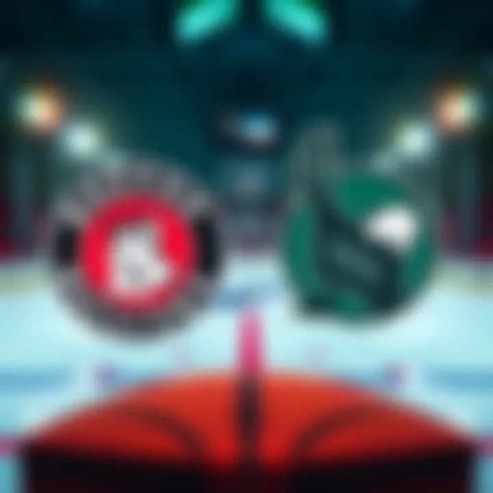 Logos of Boston and Dallas sports teams with a background of a basketball court and ice rink