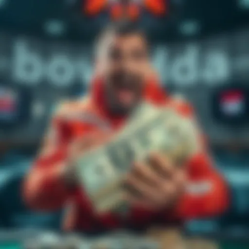 Surprised player with cash A player holding a large amount of cash, looking shocked and happy after receiving a compensation from Bovada.