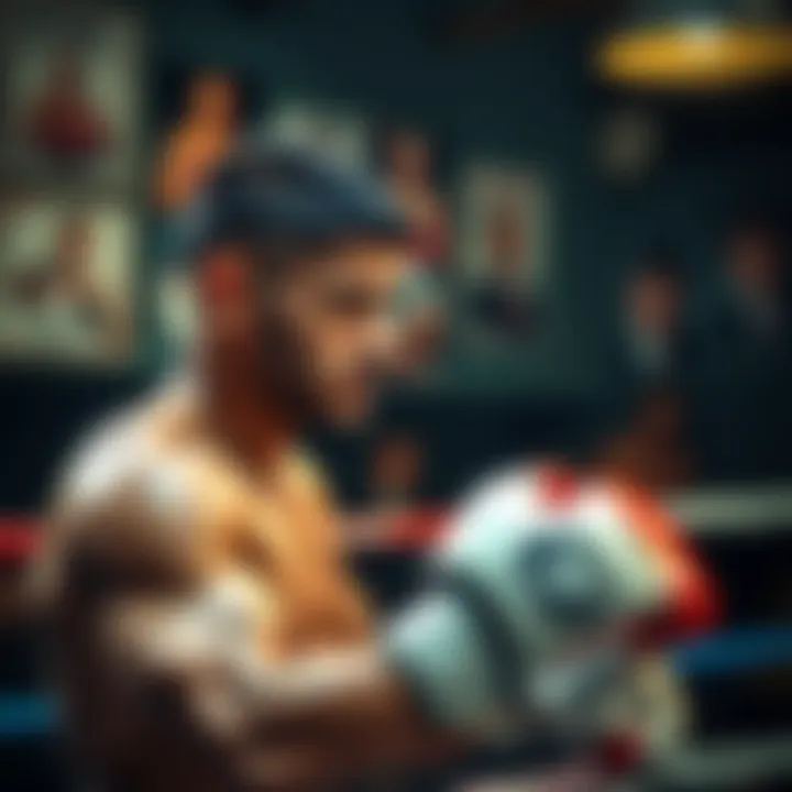 A boxer training in the gym, focusing on strength and skills, with posters of past fights in the background.