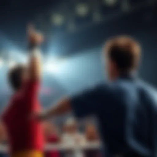 A boxing referee raising a fighter's hand after a match decision, with fans cheering in the background.