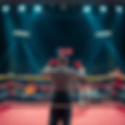 A boxing ring with a referee stopping the fight as the clock shows zero, with confused spectators in the background.