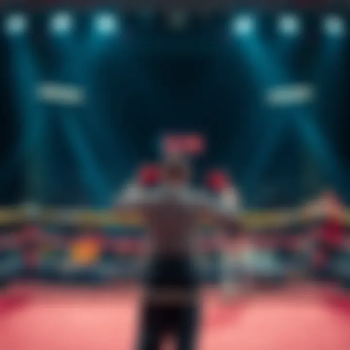 A boxing ring with a referee stopping the fight as the clock shows zero, with confused spectators in the background.