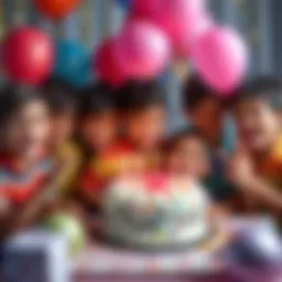 A group of boys celebrating their birthdays with cake and balloons, smiling and having fun together.