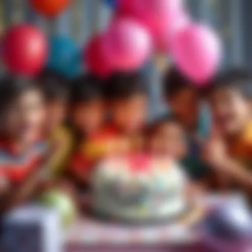 A group of boys celebrating their birthdays with cake and balloons, smiling and having fun together.