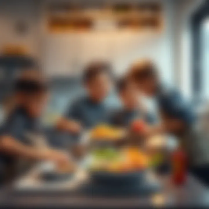 A group of boys with three legs cooking in a kitchen, smiling and having fun preparing a meal together