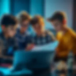 Group of young boys discussing financial strategies with charts and a laptop