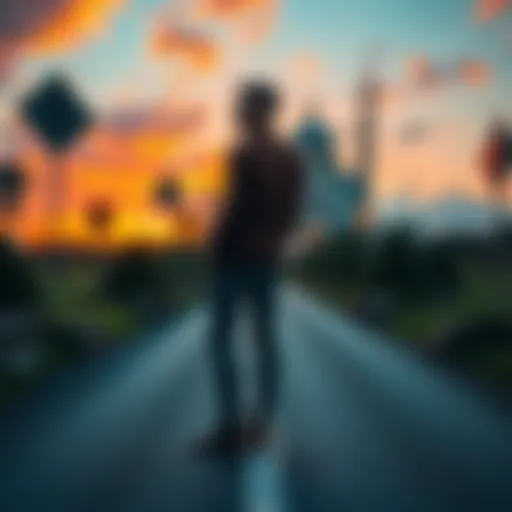 A person standing at a crossroads, contemplating different paths representing choices in life, with a thoughtful expression.