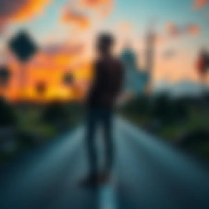 A person standing at a crossroads, contemplating different paths representing choices in life, with a thoughtful expression.