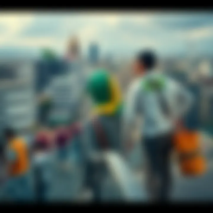 A view of a bustling Brazilian city with people engaging in various economic activities, symbolizing growth and challenges.