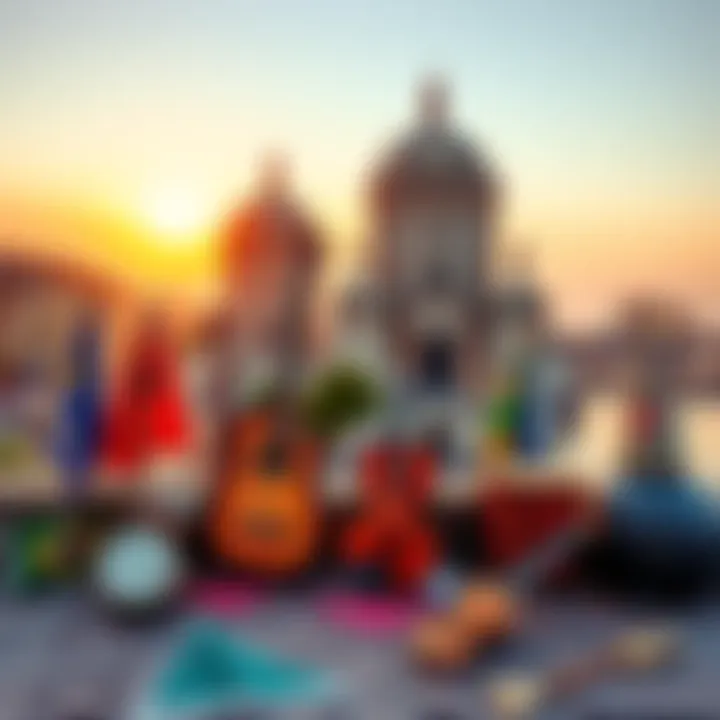 A vibrant scene showing cultural exchange between Brazil and Europe, featuring traditional Brazilian music instruments and European art pieces, symbolizing cooperation and unity.