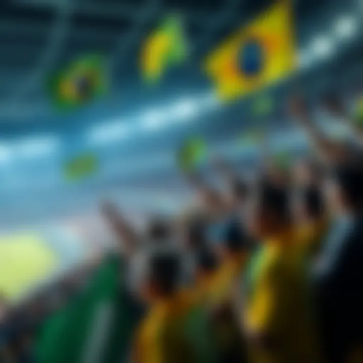 A vibrant scene of Brazilian football fans in the stands, waving flags and cheering during a game