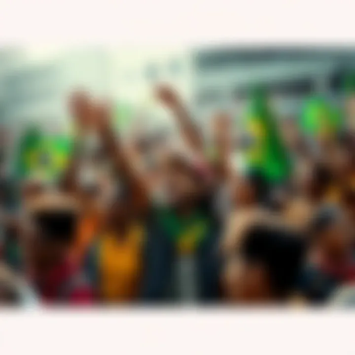 A diverse group of Brazilians coming together, showing excitement and readiness for upcoming changes in society, with colorful banners and a vibrant atmosphere.