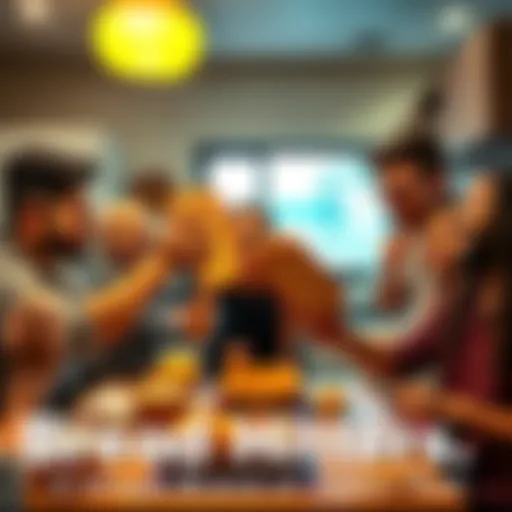 People enjoying bread hitting game Group of friends having fun playing with bread in a kitchen setting