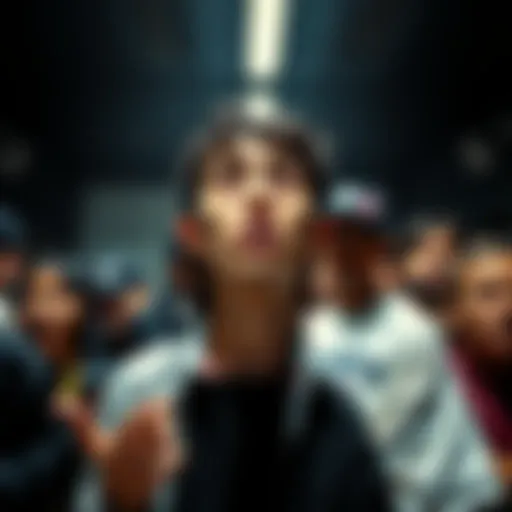 A person with a shocked expression, standing still in surprise during a tense event, surrounded by onlookers who are equally stunned.