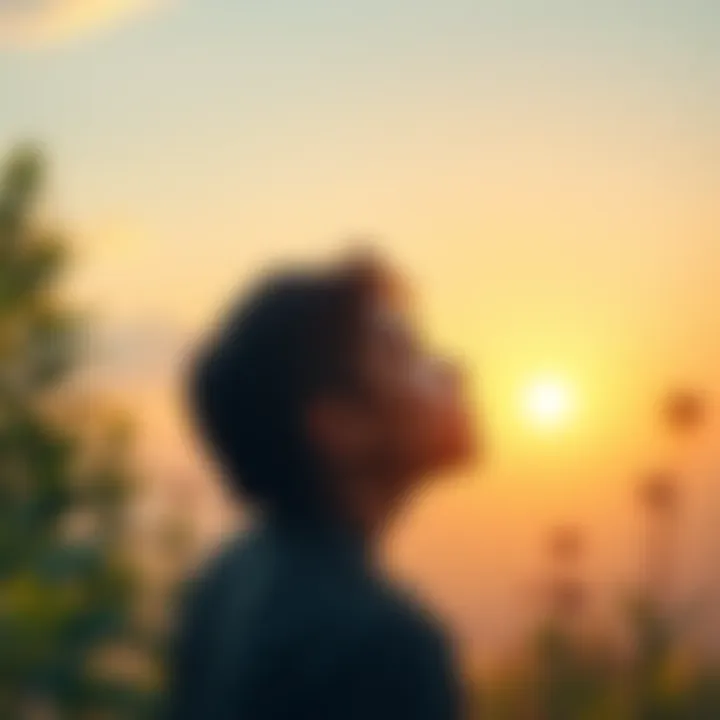 Bright Future Ahead A person looking toward the horizon with a hopeful expression, surrounded by symbols of change and growth, like plants and sunrise.