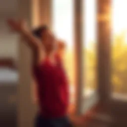 A sunny morning with a person stretching and smiling by a window, enjoying the start of the day