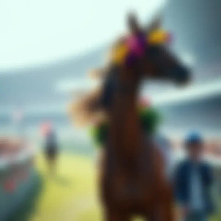 A proud British mare stands in the winner's circle, wearing a garland of flowers, showcasing her recent classic race wins.