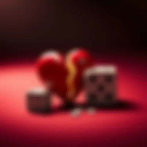 A broken heart symbol next to a pair of dice, highlighting the emotional impact of gambling.