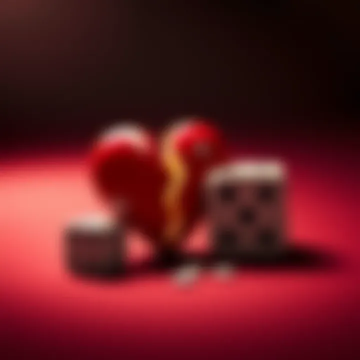 A broken heart symbol next to a pair of dice, highlighting the emotional impact of gambling.
