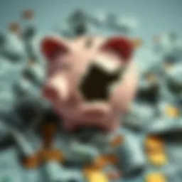 A broken piggy bank surrounded by crumpled bills and coins, symbolizing the financial loss from gambling addiction.