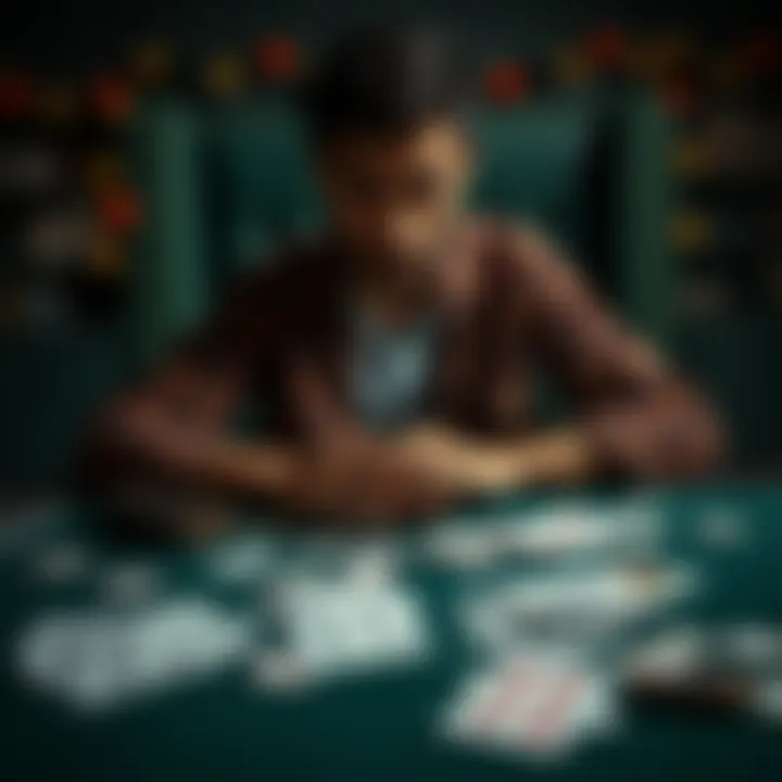 A person sitting alone at a table with discarded playing cards and an empty wallet, looking contemplative, representing the struggles of gambling addiction.