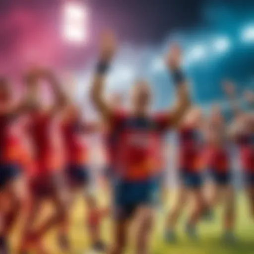 Broncos players celebrating a potential win in the NRL Grand Final with excitement and energy