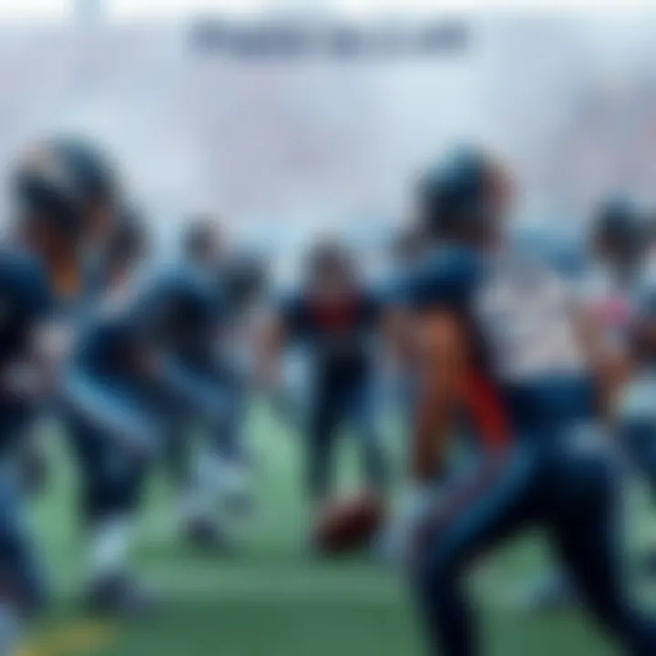 Denver Broncos players in blue uniforms facing off against Tennessee Titans players in navy uniforms during a football game