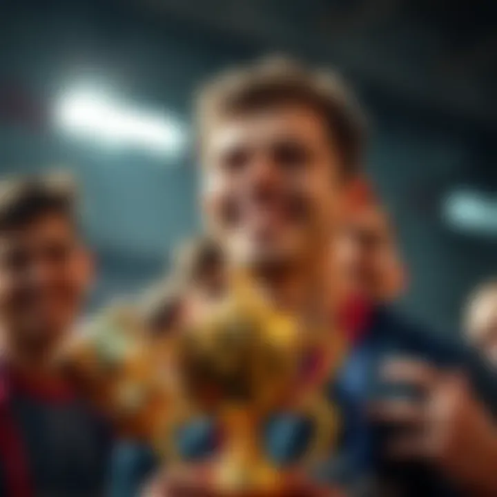 Brother smiling and holding a trophy with friends around him