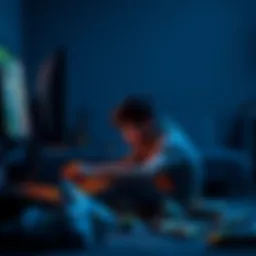 A young man sitting in a dark room, focused on a computer screen with game graphics, surrounded by empty snack bags and a dim light, showing signs of addiction.