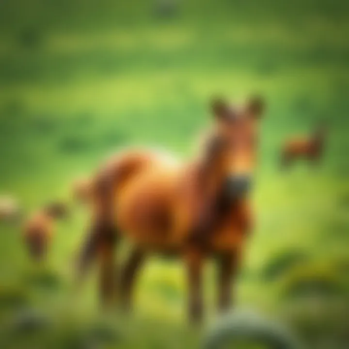 A friendly brown mare standing in a lush green pasture, looking curiously.