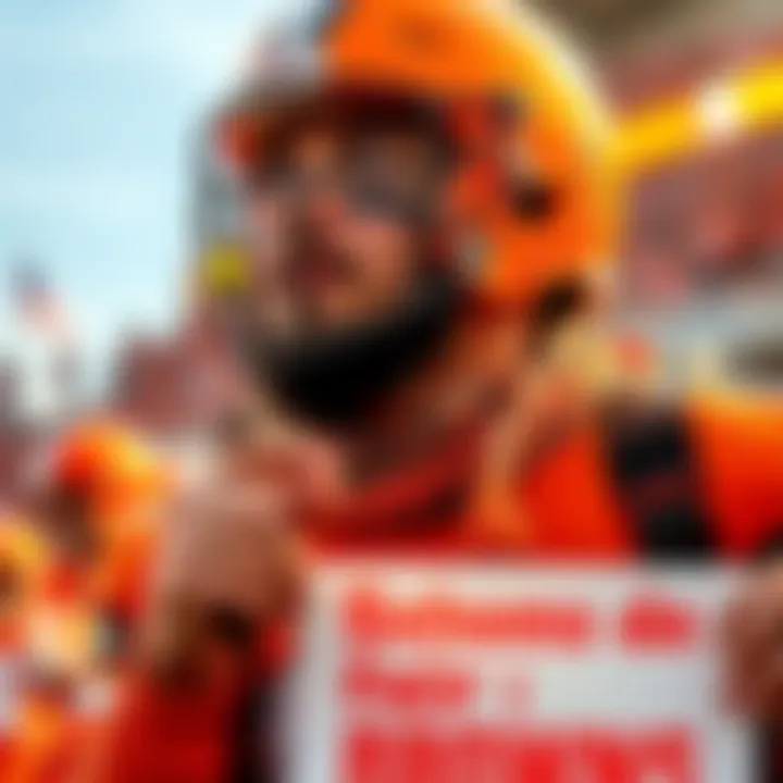 A Cleveland Browns fan expressing thoughts on the topic of support and fair opinions during a game, wearing team colors and holding a sign.