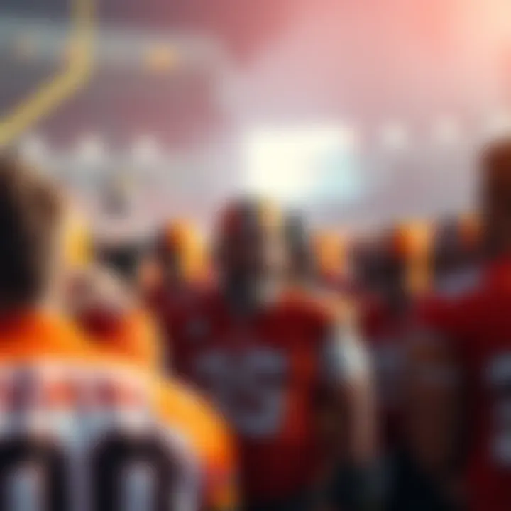 A crowd of disappointed Browns fans in jerseys showing their team colors, discussing the recent loss to the Vikings