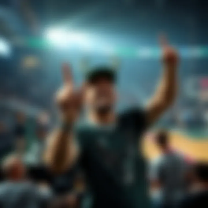 A passionate Bucks fan cheering and waving a foam finger during a basketball game