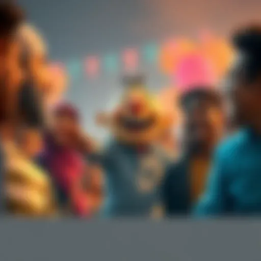 A character named Buddy bringing joy and laughter to a group of people, inspiring them to spread happiness.