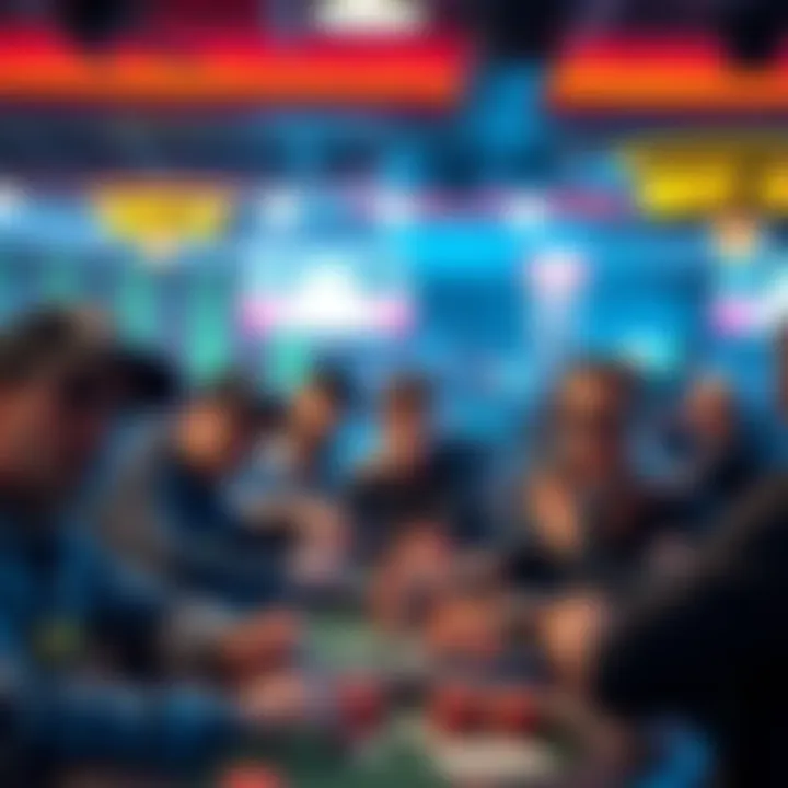 A group of poker players at a small tournament with focused expressions, showcasing a friendly competition atmosphere.