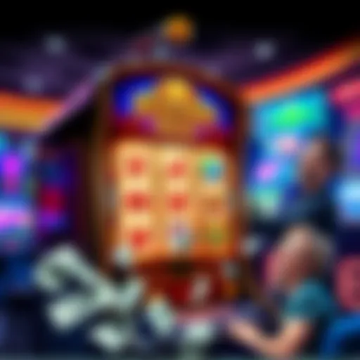 A colorful Buffalo Link slot machine screen showing winning combinations with dollar bills and a happy player celebrating near it.