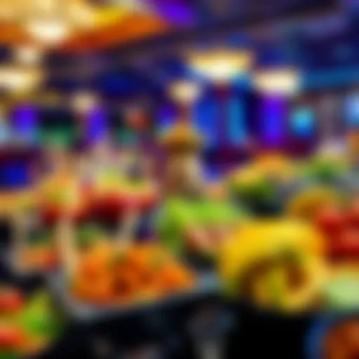 A colorful spread of food at a casino buffet with healthy choices like salads and fruits, showcasing a battle between indulgence and health.
