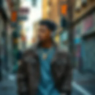 A street view of Bunce Road, with J. Cole portrayed walking and listening to music, surrounded by graffiti and city vibes.