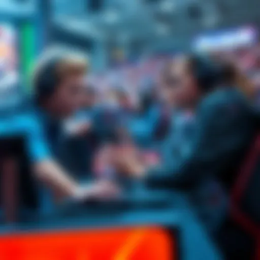 Two eSports players, Burdol and Elena, compete intensely in a gaming tournament, with a lively crowd in the background.