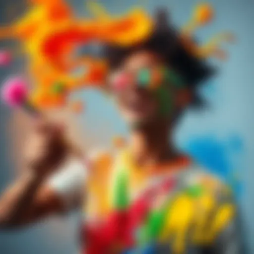 A person with colorful paint splashes around them, smiling with excitement and holding a paintbrush, symbolizing creativity and inspiration.