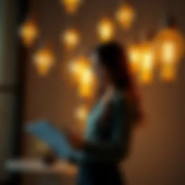 A person brainstorming with a notebook and laptop, surrounded by lightbulbs representing innovative ideas