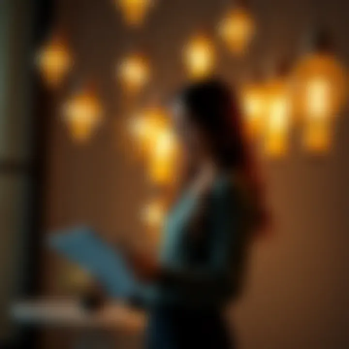 A person brainstorming with a notebook and laptop, surrounded by lightbulbs representing innovative ideas