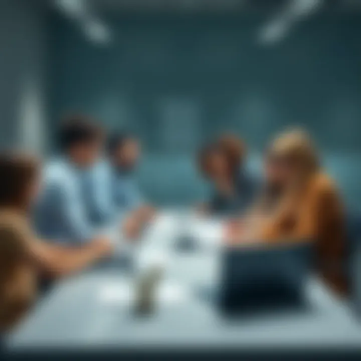 A diverse business team brainstorming solutions around a table with documents and laptops, showing urgency in resolving errors