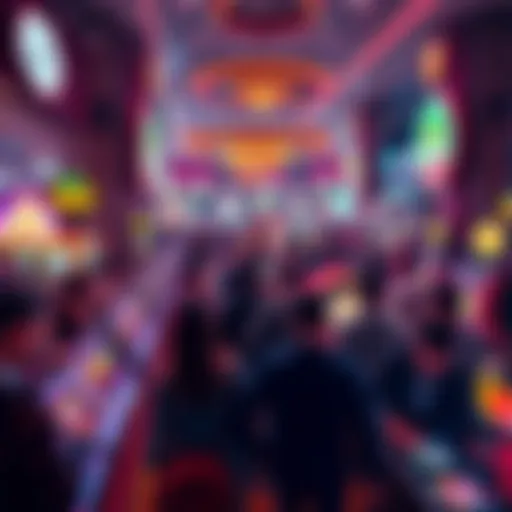 Crowd of people playing games in a lively casino, with bright lights and intense atmosphere.