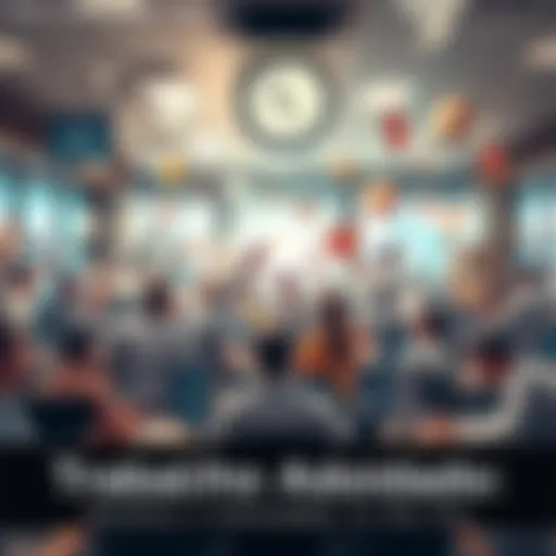 A chaotic office scene with employees stressed and juggling tasks, papers flying around, and a clock showing late hours.