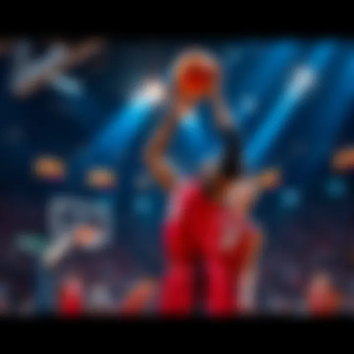 A player makes a buzzer beater shot during a basketball game, capturing the thrilling moment of victory.